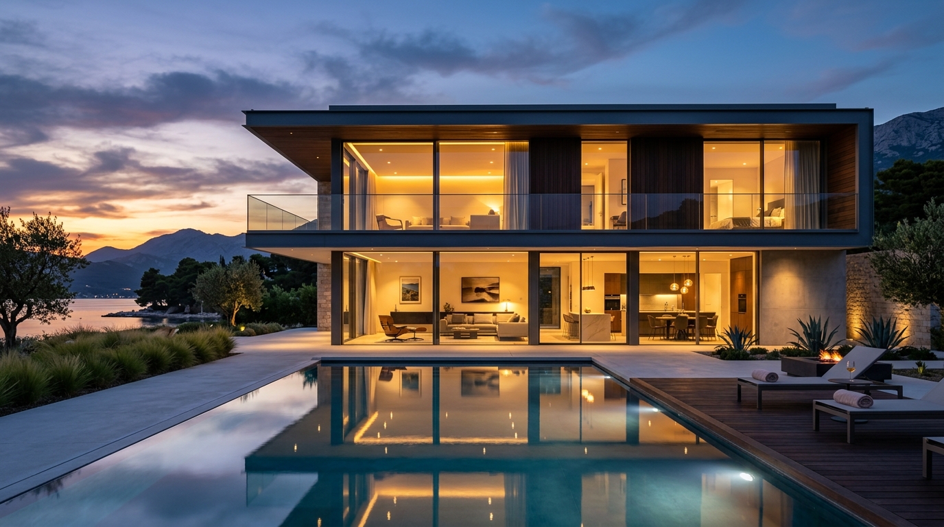 Luxury modern villa with infinity pool at dusk