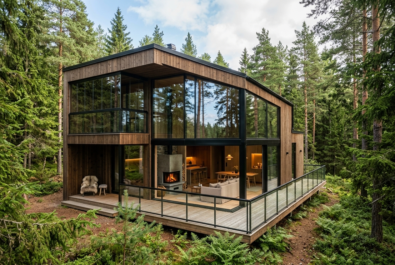 Minimalist wood cabin in green forest