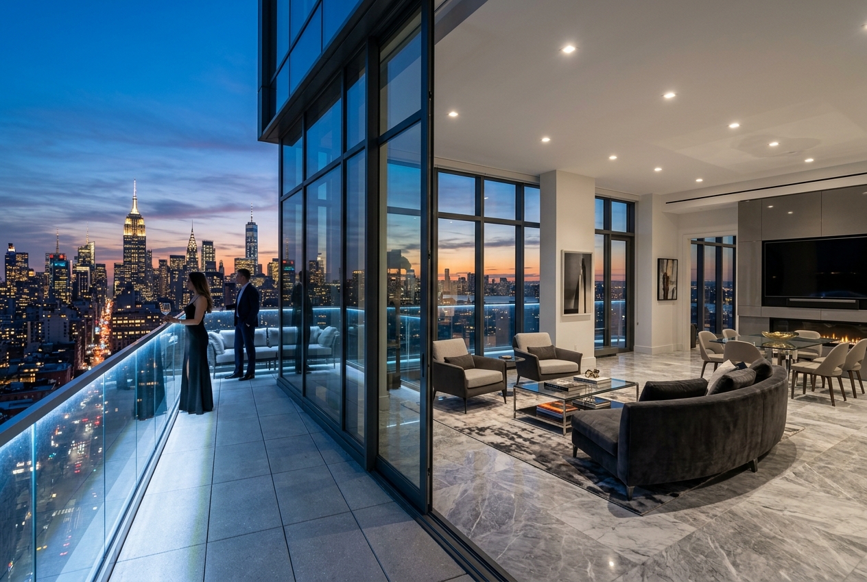 Luxury skyscraper penthouse at sunset